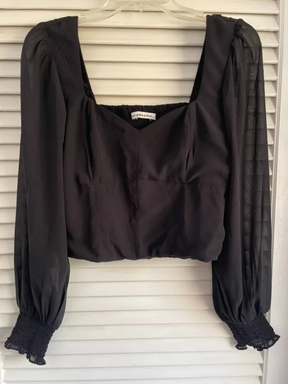 Abercrombie & Fitch Sz M Black Smocked Sheer Long Sleeve Crop Blouse Whimsigoth